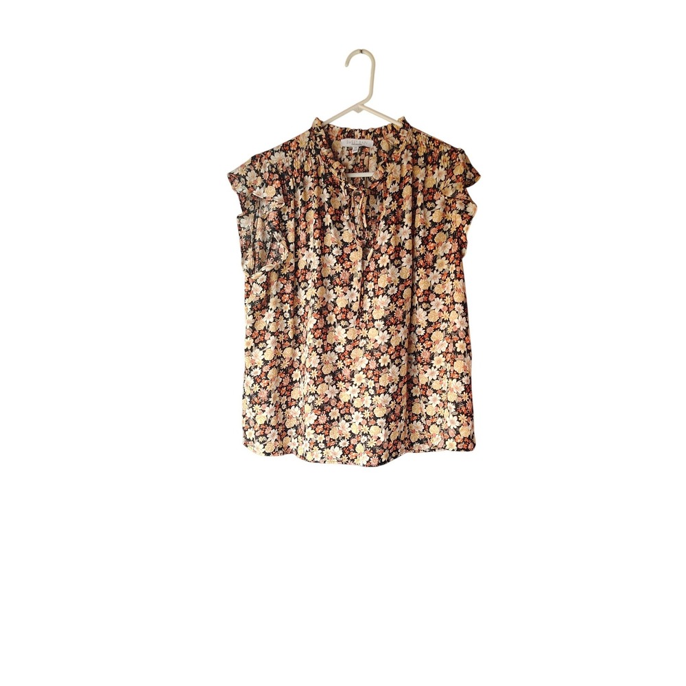 Sweet Rain Floral Ruffle Neck Tie Front‎ Blouse Orange Yellow Daisy Print 2X